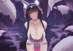 Rule 34 | 1girl, absurdres, alternate costume, animal ears, arabian clothes, artist name, azur lane, breasts, chiyu1182, choker, circlet, dated, fox ears, fox girl, highres, huge breasts, jewelry, looking at viewer, magatama, magatama necklace, multiple tails, musashi (azur lane), necklace, night, pelvic curtain, tail, thighs