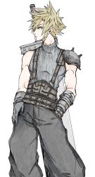 Rule 34 | 1boy, armor, baggy pants, bandaged arm, bandages, belt, blonde hair, blue eyes, buster sword, cloud strife, cowboy shot, earrings, fe79793, final fantasy, final fantasy vii, final fantasy vii remake, gloves, grey pants, grey shirt, hand in pocket, hand on own hip, highres, jewelry, looking to the side, male focus, multiple belts, pants, profile, shirt, short hair, shoulder armor, single bare shoulder, single earring, sleeveless, sleeveless turtleneck, solo, spiked hair, standing, suspenders, toned, toned male, traditional media, turtleneck, weapon, weapon on back, white background