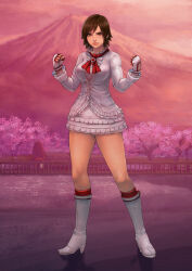 Rule 34 | 1girl, absurdres, alternate costume, boots, bow, breasts, brown eyes, brown hair, cherry blossoms, cirenk, closed mouth, commission, cosplay, emilie de rochefort, fingerless gloves, full body, gloves, highres, jacket, kazama asuka, knee boots, large breasts, lili (tekken) (cosplay), lips, looking at viewer, medium breasts, mountainous horizon, neckerchief, outdoors, pink sky, red bow, red neckerchief, short hair, skirt, sky, solo, standing, tekken, tree, white footwear, white gloves, white jacket, white skirt