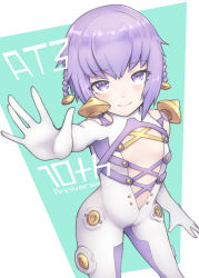 Rule 34 | 1girl, anniversary, ar tonelico, ar tonelico iii, bodysuit, braid, closed mouth, flat chest, hair ornament, highres, kinakonato, looking at viewer, purple eyes, purple hair, short hair, skin tight, smile, solo, tilia (ar tonelico), twin braids