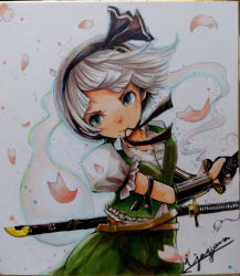 Rule 34 | 1girl, black hairband, black ribbon, closed mouth, collared shirt, commentary request, cowboy shot, fighting stance, flat chest, green eyes, green skirt, green vest, hair ribbon, hairband, holding, holding sword, holding weapon, jonasan (bad-t), katana, konpaku youmu, konpaku youmu (ghost), looking to the side, mouth hold, petals, puffy short sleeves, puffy sleeves, ready to draw, ribbon, scabbard, sheath, shikishi, shirt, short hair, short sleeves, signature, skirt, skirt set, solo, sword, touhou, vest, wakizashi, weapon, white hair, white shirt