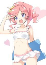 Rule 34 | 1girl, :d, arm up, bare arms, bare shoulders, bikini, bikini skirt, blush, breasts, collarbone, commentary request, heart, high ponytail, holding, kani biimu, kickboard, kiratto pri chan, long hair, momoyama mirai, navel, open mouth, pink hair, ponytail, pretty series, purple eyes, sidelocks, simple background, small breasts, smile, solo, standing, swimsuit, v, white background, white bikini