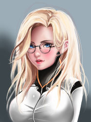 Rule 34 | 1girl, alternate hairstyle, arms behind back, bespectacled, blonde hair, blue eyes, blush, bodysuit, breasts, eyelashes, eyeliner, gimgugnae, glasses, gradient background, grey background, hair down, highres, light smile, lips, lipstick, long hair, looking at viewer, makeup, medium breasts, mercy (overwatch), no headwear, no wings, nose, overwatch, overwatch 1, parted lips, pink lips, portrait, solo
