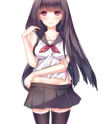 Rule 34 | 1girl, arm across waist, black hair, black skirt, black thighhighs, blush, breasts, hand up, highres, long hair, looking at viewer, medium breasts, navel, original, pleated skirt, red eyes, sasada, school uniform, shirt, simple background, skirt, smile, solo, standing, straight-on, tachi-e, thighhighs, white background, white shirt
