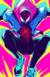 Rule 34 | 1boy, abstract background, animal print, black bodysuit, bodysuit, chun lo, highres, hood, hooded jacket, jacket, jumping, male focus, marvel, mask, miles morales, multicolored background, shoes, sneakers, solo, spandex, spider-man: into the spider-verse, spider-man (series), spider-verse, spider print, spider web print, superhero costume, two-sided fabric, two-sided hoodie