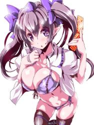 Rule 34 | black thighhighs, bra, breasts, brown hair, cellphone, himekaidou hatate, large breasts, miuku (marine sapphire), open clothes, open shirt, panties, phone, pointy ears, purple bra, purple eyes, purple panties, shirt, simple background, solo, thighhighs, touhou, twintails, underwear