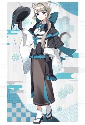 Rule 34 | 1girl, alternate costume, alternate hairstyle, animal ear fluff, animal ears, aqua bow, aqua hair, aqua kimono, arm up, black bow, black capelet, black footwear, black gloves, black headwear, black kimono, blue bow, blue eyes, blue hair, blunt bangs, bow, brown hakama, capelet, cat ears, cat girl, cat tail, closed mouth, commentary request, facial mark, frilled kimono, frills, full body, genshin impact, gloves, gradient hair, grey hair, hair bow, hair ornament, hair over shoulder, hakama, hat, head tilt, highres, holding, holding clothes, holding hat, japanese clothes, kimono, long hair, long sleeves, looking at viewer, lynette (genshin impact), multicolored clothes, multicolored hair, multicolored kimono, obi, obiage, obijime, pillarboxed, pleated sleeves, ponytail, purple eyes, ribbon-trimmed kimono, ribbon trim, sandals, sash, sidelocks, smile, standing, star (symbol), tail, top hat, unworn hat, unworn headwear, utori (tanakautori), very long hair, white kimono, wide sleeves, zouri