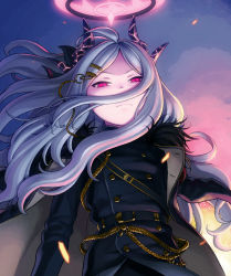 Rule 34 | 1girl, ahoge, aiguillette, blue archive, buttons, coat, coat on shoulders, commentary request, demon horns, double-breasted, floating hair, from below, fur collar, halo, hijiri rei, hina (blue archive), horns, long coat, long hair, looking at viewer, military, military uniform, multiple horns, parted bangs, purple coat, red eyes, solo, uniform, upper body, white hair