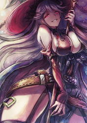Rule 34 | 10s, 1girl, arm strap, bare shoulders, between breasts, black thighhighs, breasts, cleavage, cowboy shot, detached sleeves, garter straps, granblue fantasy, grin, hair between eyes, hat, large breasts, long hair, looking at viewer, magisa (granblue fantasy), nail polish, red eyes, shouma (bravespiritya), silver hair, smile, solo, staff, thighhighs, thighs, traditional media, wide hips, witch hat, yellow nails