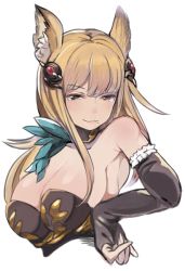 Rule 34 | 10s, 1girl, :3, animal ears, black gloves, blonde hair, breasts, brown eyes, detached collar, elbow gloves, erune, fingerless gloves, gloves, granblue fantasy, hair ornament, large breasts, long hair, looking at viewer, metera (granblue fantasy), mole, mole under mouth, smile, solo, toi (toiot), upper body