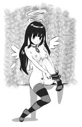 Rule 34 | 10s, 1girl, angel wings, breasts, female pubic hair, greyscale, halo, monochrome, nipples, nude, panty &amp; stocking with garterbelt, petitcarreau, pubic hair, pussy, sitting, smile, solo, stocking (psg), striped clothes, striped thighhighs, thighhighs, uncensored, undressing, wings