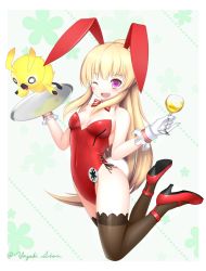 Rule 34 | 1girl, ;d, animal ears, bow, bowtie, chalice, character request, cup, detached collar, drinking glass, fake animal ears, gloves, leotard, long hair, md5 mismatch, one eye closed, open mouth, phantasy star, phantasy star online 2, playboy bunny, rabbit ears, rabbit tail, resolution mismatch, smile, source larger, tail, thighhighs, tray, wine glass, yazaki shion