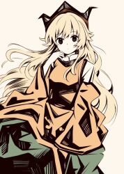 Rule 34 | 1girl, blonde hair, closed mouth, green skirt, hanokami, hat, highres, long hair, long sleeves, looking at viewer, matara okina, simple background, skirt, solo, tabard, touhou, tricorne, yellow background
