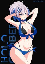 1girl absurdres alternate_hairstyle aqua_eyes armpits arms_behind_head arms_up artist_name bikini black_background blue_bikini blue_hair breasts character_name cleavage collarbone commentary cowboy_shot english_commentary grey_hair hair_between_eyes hair_ornament highres hololive hololive_indonesia iroproject71 large_breasts looking_at_viewer multicolored_hair navel parted_lips pavolia_reine ponytail simple_background solo standing stomach streaked_hair swimsuit two-tone_hair virtual_youtuber