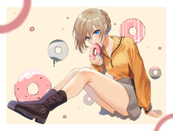 Rule 34 | 1girl, blue eyes, blue nails, boots, breasts, brown background, brown footwear, brown hair, commentary request, doughnut, eyebrows hidden by hair, food, full body, grey skirt, hair between eyes, hair bun, holding, holding food, knees up, kooan, long sleeves, nail polish, open mouth, original, puffy long sleeves, puffy sleeves, shirt, sitting, skirt, sleeves past wrists, small breasts, solo, two-tone background, white background, yellow shirt