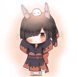 Rule 34 | 1girl, animal ears, azur lane, bad id, bad pixiv id, black hair, black kimono, black ribbon, blush, brown eyes, chibi, closed mouth, cottontailtokki, fake animal ears, flame print, full body, hair ornament, hair over one eye, hair ribbon, hairclip, half updo, hands up, head tilt, japanese clothes, kimono, long sleeves, looking at viewer, on head, outstretched arms, pantyhose, print kimono, print ribbon, rabbit ears, ribbon, shiranui (azur lane), sleeves past wrists, solo, standing, white pantyhose, wide sleeves