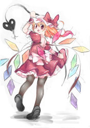 Rule 34 | 1girl, aidumi, bad id, bad pixiv id, black pantyhose, blonde hair, embodiment of scarlet devil, female focus, flandre scarlet, from behind, hat, looking back, pantyhose, red eyes, solo, touhou, wings, wrist cuffs