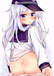 Rule 34 | 10s, 1girl, :o, ass, ass support, bad anatomy, bad id, bad twitter id, blue eyes, blush, butt crack, chestnut mouth, commentary request, flat cap, flying sweatdrops, from behind, hat, hibiki (kancolle), highres, kantai collection, long hair, long sleeves, looking at viewer, looking back, panties, panty pull, rouka (akatyann), sailor collar, school uniform, serafuku, silver hair, simple background, solo, sweatdrop, twisted neck, underwear, white background, white panties