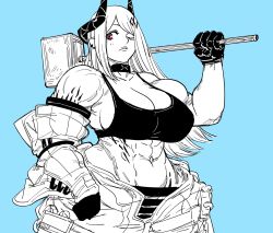 Rule 34 | 1girl, abs, arknights, bare shoulders, bb (baalbuddy), biceps, blue background, breasts, cleavage, closed mouth, commentary, cowboy shot, english commentary, english text, gloves, hammer, hand up, highres, holding, holding hammer, horns, huge breasts, jacket, long hair, mudrock (arknights), mudrock (elite ii) (arknights), muscular, muscular female, navel, off shoulder, one eye closed, over shoulder, red eyes, simple background, solo, spot color, standing, tank top, weapon, weapon over shoulder, white background
