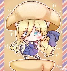 Rule 34 | 1girl, apron, asimo953, blonde hair, blue eyes, blush, chibi, commentary request, cream puff, food, hair between eyes, hair ribbon, highres, kantai collection, long hair, musical note, open mouth, ribbon, richelieu (kancolle), sazae-san, solo, standing