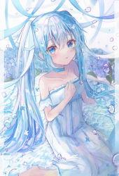 Rule 34 | 1girl, :o, absurdres, aqua dress, aqua eyes, aqua hair, arm support, bare shoulders, blue ribbon, blush, bubble, choker, commentary, dress, flower, hair between eyes, hair ribbon, hand on own chest, hand up, hatsune miku, highres, long hair, looking at viewer, looking up, noneon319, parted lips, ribbon, ribbon choker, sitting, solo, twintails, twitter username, vocaloid