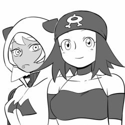 Rule 34 | 2girls, bandana, bare shoulders, blouse, closed mouth, collarbone, cosplay, costume switch, creatures (company), eyebrows, frown, game freak, greyscale, hood, hood up, lip piercing, long hair, monochrome, multiple girls, nintendo, nutkingcall, piercing, pokemon, pokemon oras, shirt, smile, striped clothes, striped shirt, team aqua, team aqua grunt, team aqua grunt (oras), team magma, team magma grunt, team magma grunt (remake), turtleneck, upper body