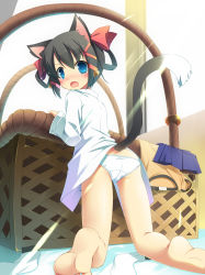 Rule 34 | 1girl, animal ears, bare legs, barefoot, basket, bell, black hair, blue eyes, blush, cat ears, cat tail, feet, from behind, frown, hair ribbon, highres, looking at viewer, looking back, masaki (machisora), open mouth, original, oversized object, panties, ribbon, short hair, soles, solo, tail, underwear, white panties