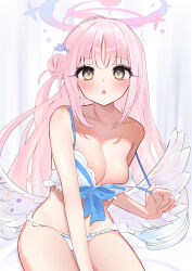 Rule 34 | 1girl, :o, absurdres, blue archive, blush, bra, bra pull, breasts, cleavage, clothes pull, collarbone, commentary, feathered wings, hair bun, halo, highres, long hair, looking at viewer, medium breasts, mika (blue archive), panties, pink hair, pulled by self, single side bun, solo, tataki maguro, underwear, underwear only, very long hair, white bra, white panties, white wings, wings, yellow eyes