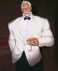 Rule 34 | 1boy, bara, beard, black background, black bow, black bowtie, black pants, bow, bowtie, buttoned cuffs, cup, facial hair, formal, full beard, hand in pocket, highres, holding, holding cup, jp (street fighter), male focus, mature male, muscular, muscular male, pants, sa1k0p, shirt, street fighter, suit, thick eyebrows, white hair, white shirt, white suit, wrinkled skin