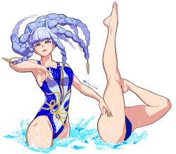 1girl bad_tag bare_legs blue_one-piece_swimsuit braid dancing fire_emblem fire_emblem_heroes heidrun_(fire_emblem) highres kiwii_line legs legs_up looking_at_viewer multiple_braids multiple_views nintendo one-piece_swimsuit patterned_clothing purple_hair red_eyes smile splashing swimsuit synchronized_swimming thighs twitter_username water white_background