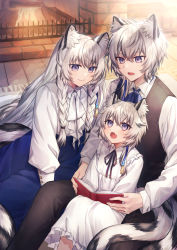 Rule 34 | 1boy, 2girls, aged down, animal ear fluff, animal ears, arknights, black vest, blue skirt, blush, book, braid, brother and sister, cliffheart (arknights), closed mouth, collared dress, collared shirt, commentary request, coyucom, dress, fang, fireplace, frills, grey hair, hair between eyes, hair over shoulder, highres, holding, holding book, indoors, leopard ears, leopard girl, leopard tail, long hair, long sleeves, multicolored hair, multiple girls, open book, open mouth, pramanix (arknights), puffy long sleeves, puffy sleeves, purple eyes, shirt, short hair, siblings, silverash (arknights), sisters, skirt, smile, tail, twin braids, two-tone hair, very long hair, vest, white dress, white shirt