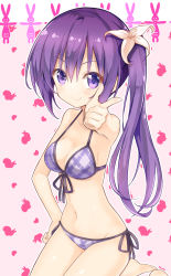 Rule 34 | &gt;:), 1girl, alternate hairstyle, argyle, argyle bikini, argyle clothes, bare arms, bare legs, bare shoulders, barefoot, bikini, blush, breasts, cleavage, closed mouth, collarbone, commentary request, cowboy shot, flower, gesture, gochuumon wa usagi desu ka?, gradient background, groin, hair between eyes, hair flower, hair ornament, hand gesture, hand on own hip, heart, hibiscus, highres, kneeling, long hair, looking at viewer, nanakusa (user rnpt7322), navel, outline, purple bikini, purple eyes, purple hair, rabbit, side-tie bikini bottom, side ponytail, sidelocks, smile, solo, stomach, swimsuit, tedeza rize, two-tone background, v-shaped eyebrows, white outline