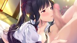 Rule 34 | 1boy, 1girl, black hair, black skirt, breasts, censored, clothed female nude male, clothes lift, collarbone, courreges ace, dress shirt, futon, game cg, hair ribbon, hajilove -making lovers-, hetero, imminent fellatio, indoors, long hair, medium breasts, miniskirt, mosaic censoring, nipples, nude, off shoulder, open clothes, open mouth, open shirt, panties, penis, pleated skirt, ponytail, red eyes, red ribbon, ribbon, shirt, skirt, skirt lift, tanabe, tatami, underwear, very long hair, white panties, white shirt, yofune hatsuho