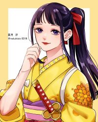 Rule 34 | 1boy, artist name, blunt bangs, closed mouth, commentary request, hair ribbon, high ponytail, highres, japanese clothes, katana, kikunojo (one piece), kimono, lipstick, long hair, looking at viewer, makeup, male focus, natsuki shio, one piece, ponytail, purple eyes, purple hair, red lips, red ribbon, ribbon, smile, solo, sword, translation request, trap, weapon, yellow kimono