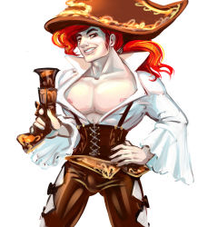 Rule 34 | 1boy, belt, brown eyes, bulge, corset, cowboy shot, gender request, genderswap, gun, hand on own hip, hat, league of legends, long hair, looking at viewer, male focus, miss fortune (league of legends), muscular, nipples, open clothes, open shirt, pirate, ponytail, red hair, ripushko, shirt, sideburns, simple background, smile, smirk, solo, weapon, white background