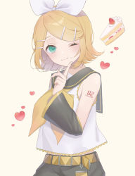 Rule 34 | 1girl, ;3, arm tattoo, belt, belt buckle, black sailor collar, black sleeves, blonde hair, bow, buckle, character name, closed mouth, collared shirt, detached sleeves, green eyes, hair bow, hair ornament, hairclip, highres, kagamine rin, long sleeves, looking at viewer, neckerchief, one eye closed, sailor collar, sailor shirt, shirt, short hair, sleeveless, sleeveless shirt, smile, solo, suiri (suiri 02), swept bangs, tattoo, vocaloid, white background, white bow, white shirt, yellow belt, yellow neckerchief