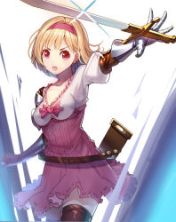 Rule 34 | 10s, 1girl, blonde hair, bow, breasts, brown gloves, brown thighhighs, collarbone, djeeta (granblue fantasy), dress, fighter (granblue fantasy), gauntlets, gloves, granblue fantasy, hairband, heart, looking at viewer, open mouth, pink bow, pink dress, pink eyes, puffy short sleeves, puffy sleeves, ririko (zhuoyandesailaer), sheath, short hair, short sleeves, simple background, solo, sword, thighhighs, weapon, white background, zettai ryouiki