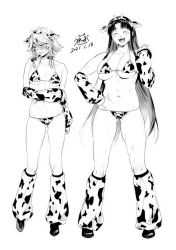 Rule 34 | 2girls, :d, ^ ^, absurdres, alternate costume, animal ears, animal print, arm under breasts, arm warmers, bikini, blush, bow, braid, breasts, closed eyes, collarbone, commentary request, cow ears, cow horns, cow print, dated, embarrassed, fake animal ears, full-face blush, full body, gluteal fold, greyscale, hair between eyes, hair bow, hair ribbon, hand on own hip, highres, hong meiling, horns, izayoi sakuya, kamiyama aya, large breasts, leg warmers, long hair, looking away, looking to the side, monochrome, multiple girls, navel, open mouth, parted bangs, ribbon, short hair with long locks, side braids, signature, simple background, small breasts, smile, standing, swimsuit, touhou, tress ribbon, twin braids, very long hair, white background, |d