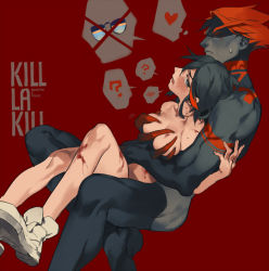 10s 1boy 1girl ? black_hair black_skin blood blush colored_skin dark-skinned_male dark_skin grabbing_another&#039;s_breast groping heart hetero kill_la_kill matoi_ryuuko muscular nude personification red_background red_hair rei_(sanbonzakura) senketsu shoes short_hair sitting sitting_on_lap sitting_on_person sneakers