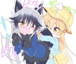Rule 34 | !, 10s, 2girls, animal ears, bag, black gloves, black neckwear, black pantyhose, black shirt, black skirt, blazer, blonde hair, blue jacket, blue shirt, blush, bow, bowtie, brown eyes, clenched hands, commentary request, ezo red fox (kemono friends), fox ears, fox tail, gloves, hat, hug, hug from behind, hugging another&#039;s tail, hugging tail, jacket, kemono friends, kindergarten uniform, leaning forward, long hair, moaning, multiple girls, necktie, one eye closed, open mouth, pantyhose, pleated skirt, school hat, shirt, silver fox (kemono friends), silver hair, simple background, skirt, spoken exclamation mark, surprised, tail, takahashi tetsuya, uncommon stimulation, upper body, white background, wince, yellow hat