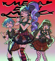 Rule 34 | 3girls, black jacket, black shirt, black skirt, blue hair, brown hair, butterfly hair ornament, character request, check character, closed mouth, dorothy west, drumsticks, fang, fishnets, frilled skirt, frills, gradient background, hair ornament, highres, holding, holding drumsticks, index finger raised, jacket, kurosu aroma, long hair, looking at viewer, multiple girls, one eye closed, open mouth, plaid, plaid skirt, pretty series, pripara, red eyes, red skirt, rituyama1, shirt, short hair, skirt, smile, standing, striped, thighhighs, toudou shion