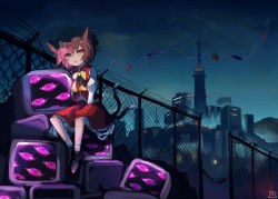 Rule 34 | 1girl, animal ears, bow, bowtie, brown eyes, brown hair, building, cat ears, cat tail, chen, cloud, cloudy sky, dress, fence, gap (touhou), hat, maaru (akira428), mob cap, multiple tails, nekomata, night, night sky, outdoors, red dress, scenery, short hair, sky, solo, tail, television, touhou, two tails, yakumo ran, yellow bow, yellow bowtie