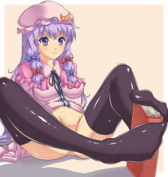 Rule 34 | 1girl, arm support, bitaraga, blush, book, bottomless, breasts, capelet, crescent, crescent moon, feet, female focus, footjob, groin, hat, impossible clothes, impossible shirt, leaning back, legs, legs up, long hair, moon, no panties, patchouli knowledge, purple eyes, purple hair, sexually suggestive, shiny clothes, shiny skin, shirt, simple background, sitting, smile, solo, spread legs, thighhighs, touhou, very long hair