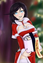 Rule 34 | 1girl, absurdres, badsharku, belt, black hair, black lips, black nails, blue eyes, box, breasts, christmas, christmas tree, cleavage, cleavage cutout, clothing cutout, gift, gift box, girls&#039; frontline, highres, holding, holding gift, intruder (girls&#039; frontline), large breasts, lipstick, looking at viewer, m4 sopmod ii (girls&#039; frontline), m4 sopmod ii jr, makeup, medium breasts, merry christmas, sangvis ferri, solo