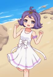 Rule 34 | 1girl, :3, acerola (pokemon), ako (azusaching0612), alternate costume, bare shoulders, beach, blush, bow, breasts, child, collarbone, creatures (company), dress, female focus, game freak, hair ornament, hands up, knees together feet apart, leg lift, looking at viewer, matching hair/eyes, nintendo, ocean, open mouth, outdoors, pokemon, pokemon sm, purple eyes, purple hair, ribbon, rock, scrunchie, short hair, sleeveless, sleeveless dress, small breasts, smile, solo, standing, standing on one leg, water, white bow, white dress, white ribbon
