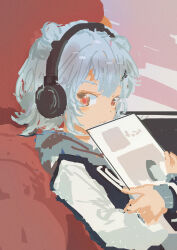 Rule 34 | 1girl, absurdres, alternate eye color, black jacket, blazer, cevio, closed mouth, commentary request, crossed arms, double bun, flipped hair, from side, grey hair, grey hoodie, hair bun, hair ornament, hairclip, headphones, highres, holding, holding record, hood, hood down, hoodie, hugging object, jacket, kabuyama kaigi, koharu rikka, long sleeves, looking at viewer, looking to the side, multicolored clothes, multicolored eyes, multicolored jacket, orange eyes, pink background, reclining, record jacket, red pupils, school uniform, short hair, smile, solo, synthesizer v, two-tone jacket, upper body, white sleeves