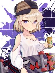 Rule 34 | 1girl, azur lane, bare shoulders, blue eyes, blush, breasts, brick wall, cabbie hat, casual, cleavage, clothing cutout, coffee cup, collarbone, commentary request, cup, disposable cup, drinking straw, drop shadow, hair between eyes, hat, highres, holding, holding cup, holding skateboard, light brown hair, long sleeves, looking at viewer, medium breasts, purple background, shirt, short hair, shoulder cutout, sidelocks, sigeranai, skateboard, smile, solo, standing, upper body, white background, white shirt, z23 (azur lane)