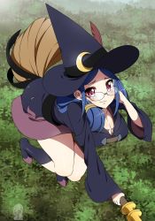 Rule 34 | 1girl, absurdres, bad id, bad twitter id, blue hair, breasts, broom, broom riding, cleavage, crescent, crescent pin, dress, full body, glasses, hat, highres, large breasts, little witch academia, long hair, looking at viewer, luna nova school uniform, red eyes, school uniform, smile, solo, totallyiryanic, ursula callistis, witch, witch hat