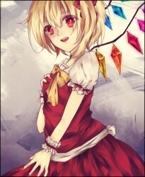 Rule 34 | 1girl, blonde hair, bow, bowtie, breasts, cowboy shot, crystal, fingernails, flandre scarlet, frilled sleeves, frills, grey background, hair between eyes, hand on own chest, hime03 rin14, medium hair, multicolored wings, nail polish, one side up, open mouth, puffy short sleeves, puffy sleeves, red eyes, red nails, red ribbon, red skirt, red vest, ribbon, sharp fingernails, shirt, short sleeves, simple background, skirt, skirt set, sleeve ribbon, small breasts, solo, teeth, touhou, upper teeth only, vest, white shirt, wings, wrist cuffs, yellow bow, yellow bowtie