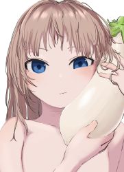 Rule 34 | 1girl, blue eyes, bouen, closed mouth, eggplant, food, highres, holding, holding food, holding vegetable, light brown hair, long hair, nude, original, simple background, solo, upper body, vegetable, white background